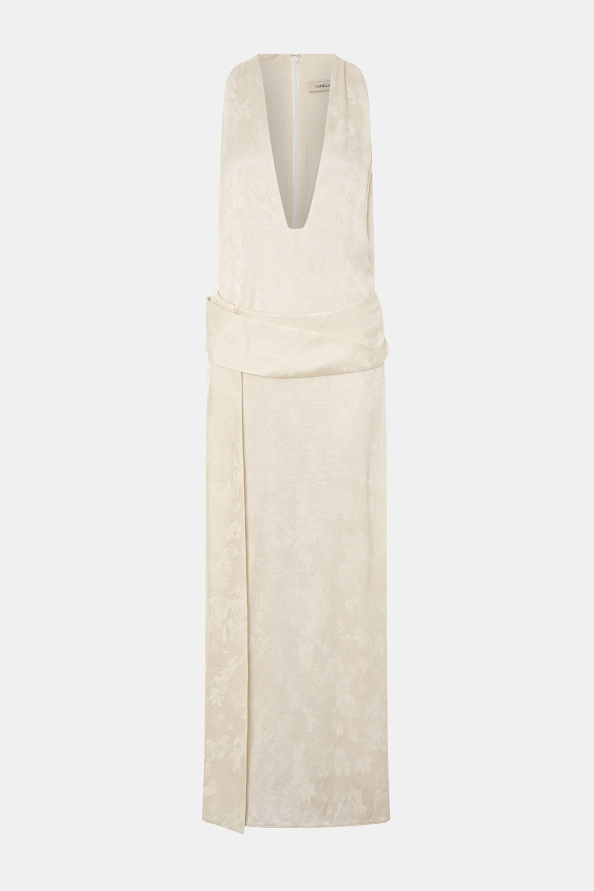 Ghost view CAMILLA AND MARC Avis Maxi Dress in cream with plunging neckline and detachable wide waistbelt.