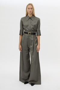 Front View - CAMILLA AND MARC Mina short-sleeve stripe boxy shirt with pinstitched man-style collar. 