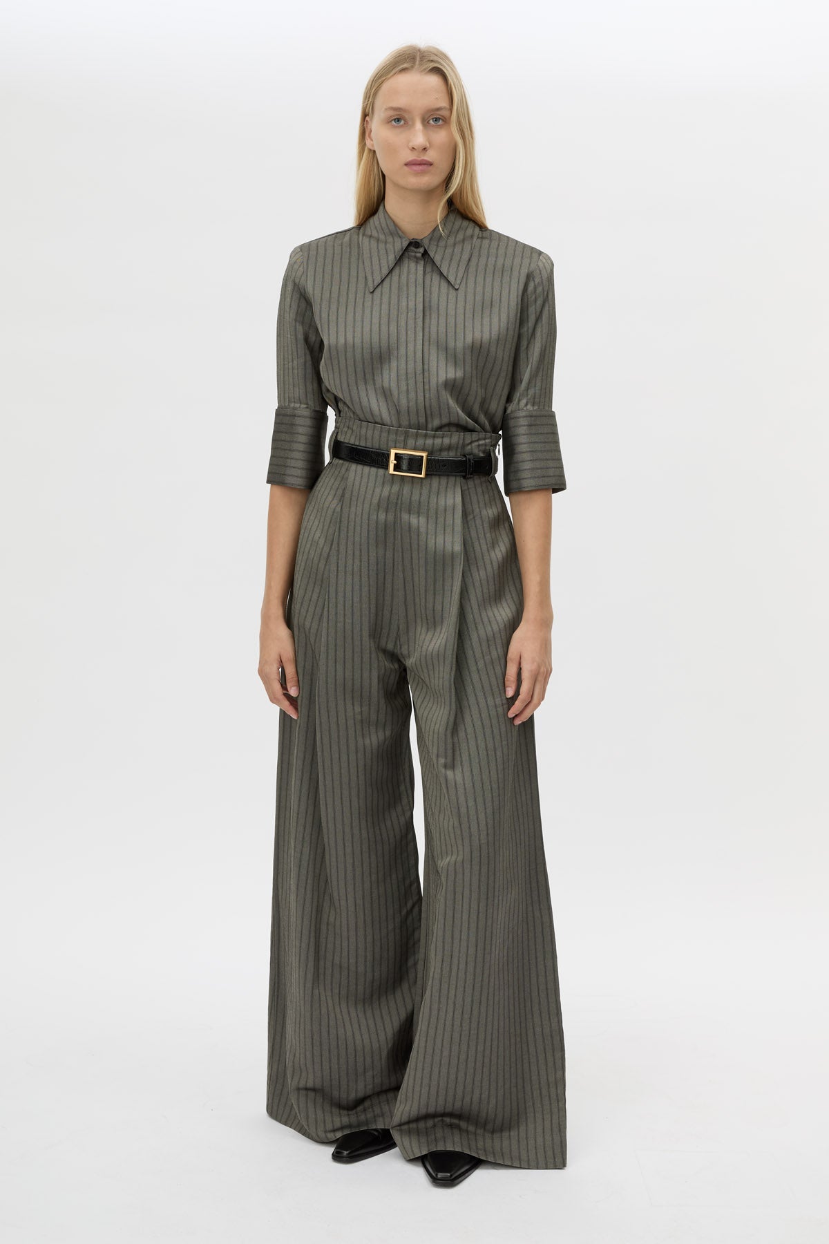 Front view CAMILLA AND MARC Mina wide-leg, high-waisted stripe pant with corseted waist.