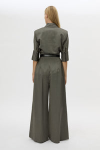 Back view CAMILLA AND MARC Mina wide-leg, high-waisted stripe pant with corseted waist.