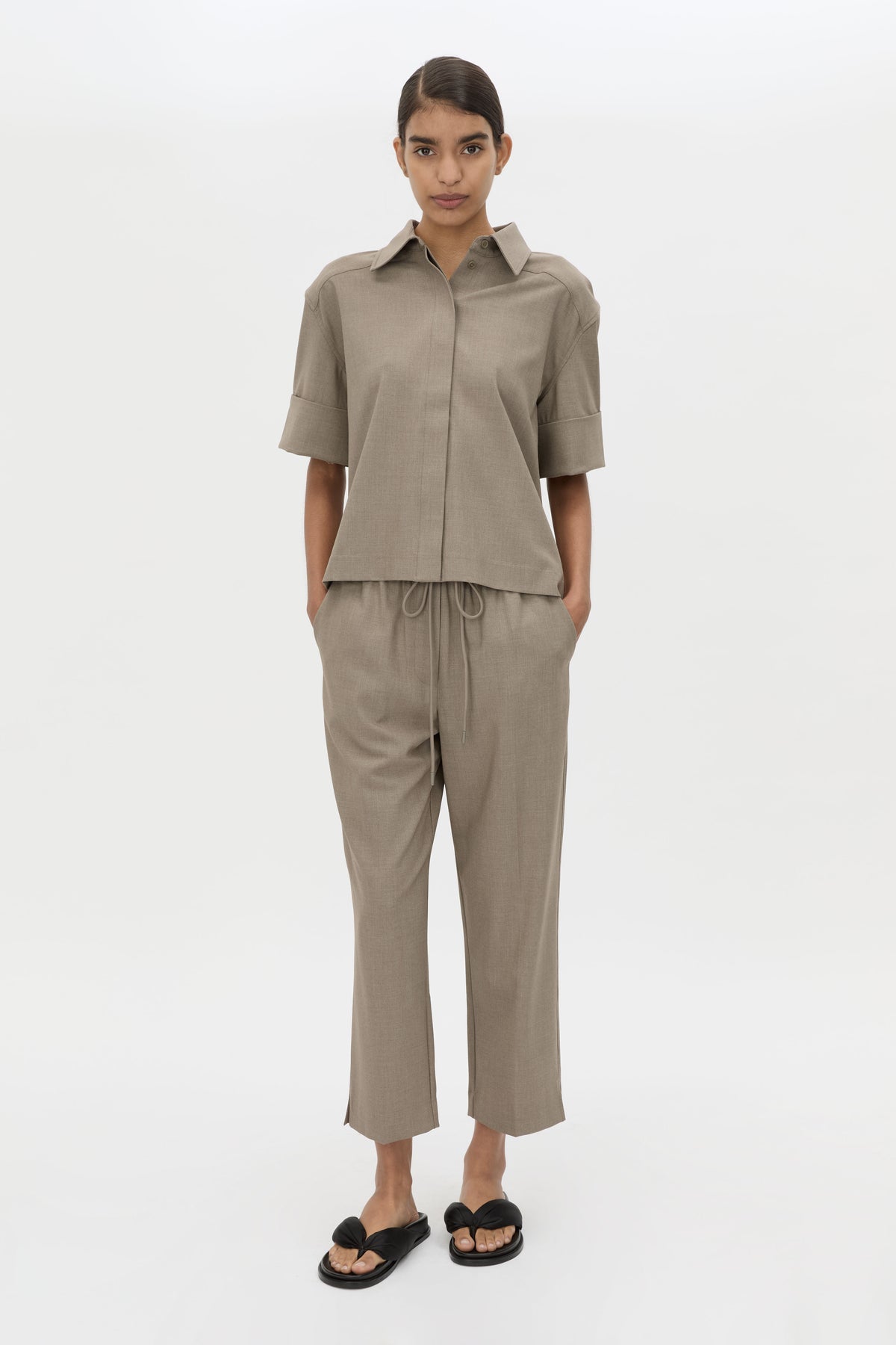 Front view CAMILLA AND MARC Vector Crop Pant in Mocha Brown styled with the Vector Short Sleeve Shirt.