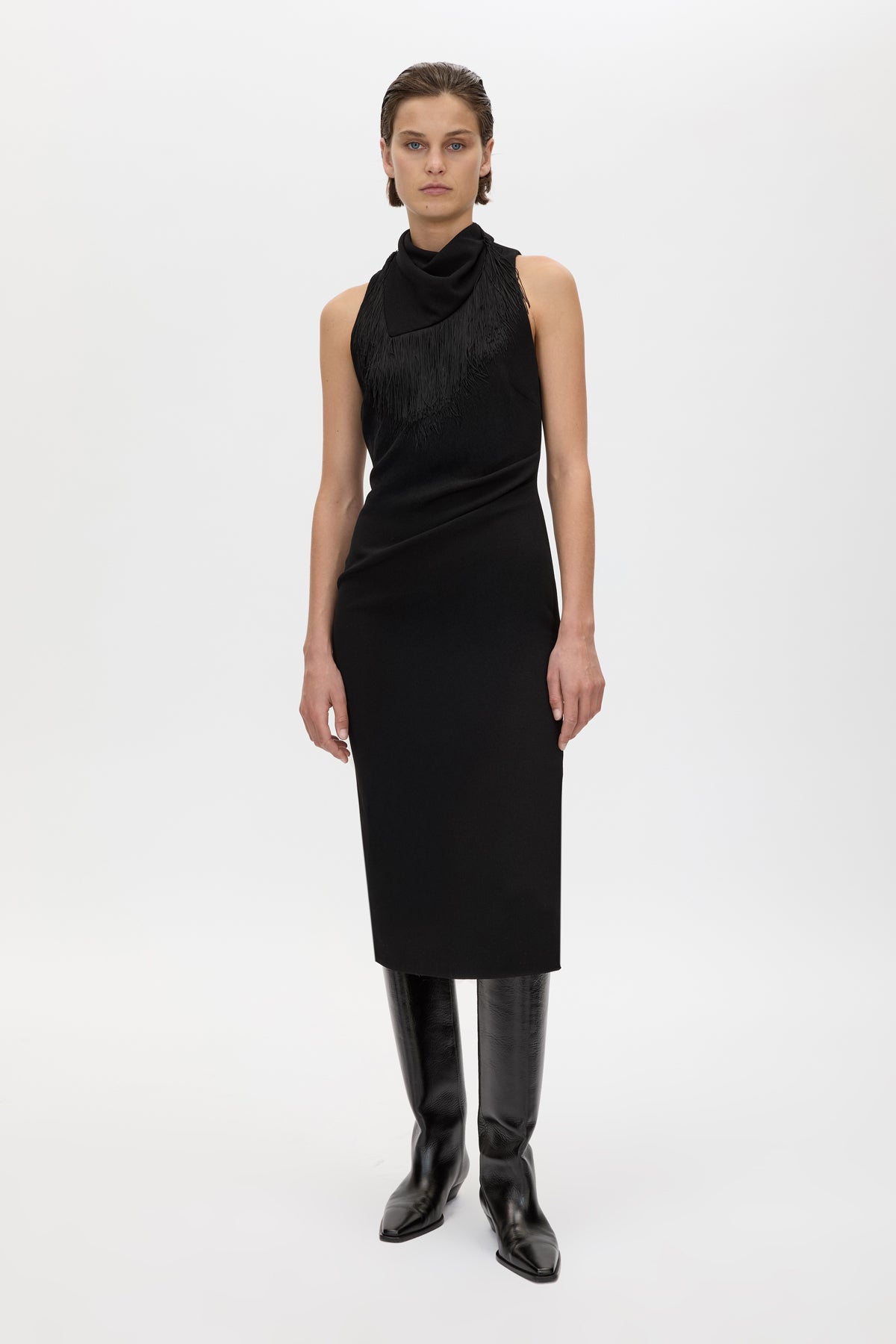 Dune Draped Waist Midi Dress - CAMILLA AND MARC Dune Draped Waist Midi Dress in black with gathered waist detailing