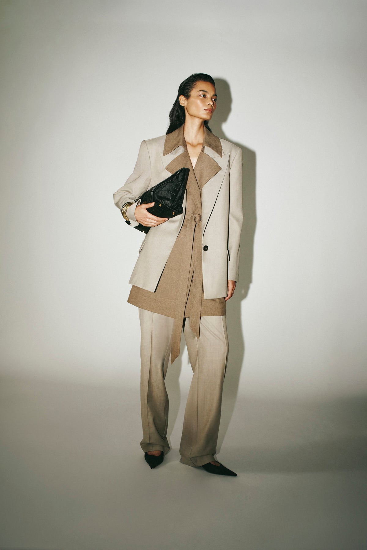 Front view CAMILLA AND MARC Seri Blazer in Stone Marle styled with Seri Pant.