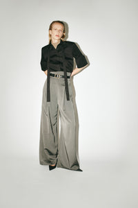 Styled view CAMILLA AND MARC Mina Pant in Steel Grey Stripe with the Pique Short Sleeve Shirt.