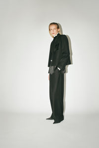 Styled Side View CAMILLA AND MARC Zaman Crop Blazer, single breasted black blazer with fringe detail.
