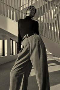 Styling view CAMILLA AND MARC Ren Pant in Charcoal Herringbone with a double‑pleat wide‑leg silhouette.