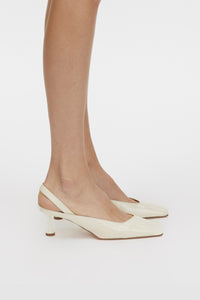 Sara Kitten Heel - CAMILLA AND MARC Sara cream asymmetric slingback kitten heel in textured patent Italian leather uppe