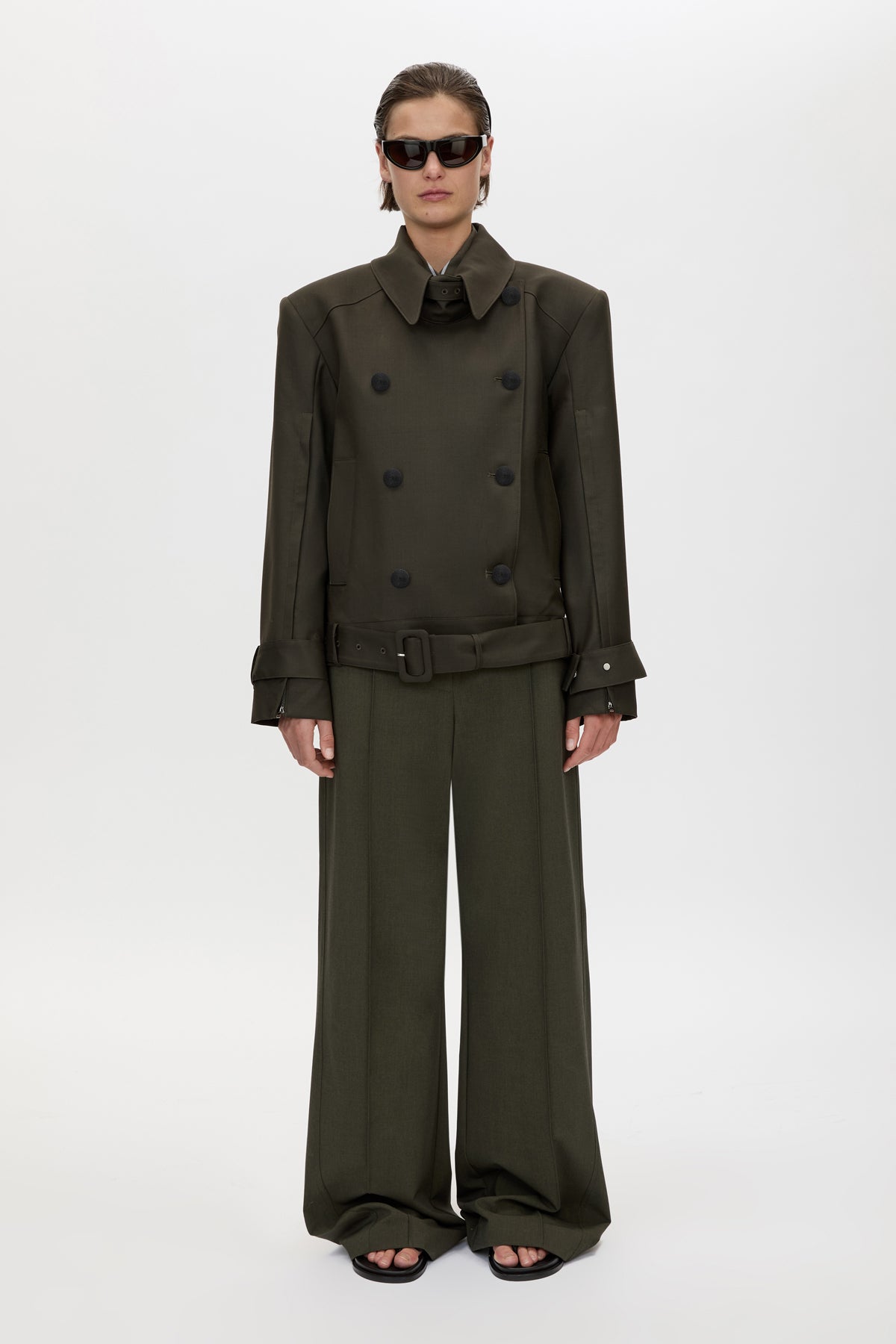 Front styled view CAMILLA AND MARC Tari Short Trench in Dark Khaki with contrast undercollar and shoulder pads.