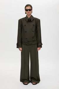 Front styled view CAMILLA AND MARC Tari Short Trench in Dark Khaki with contrast undercollar and shoulder pads.