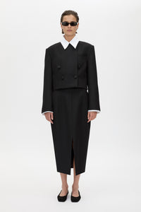 Front styled view CAMILLA AND MARC Caius Relaxed Cropped Blazer in Black with collarless neckline in Australian wool.
