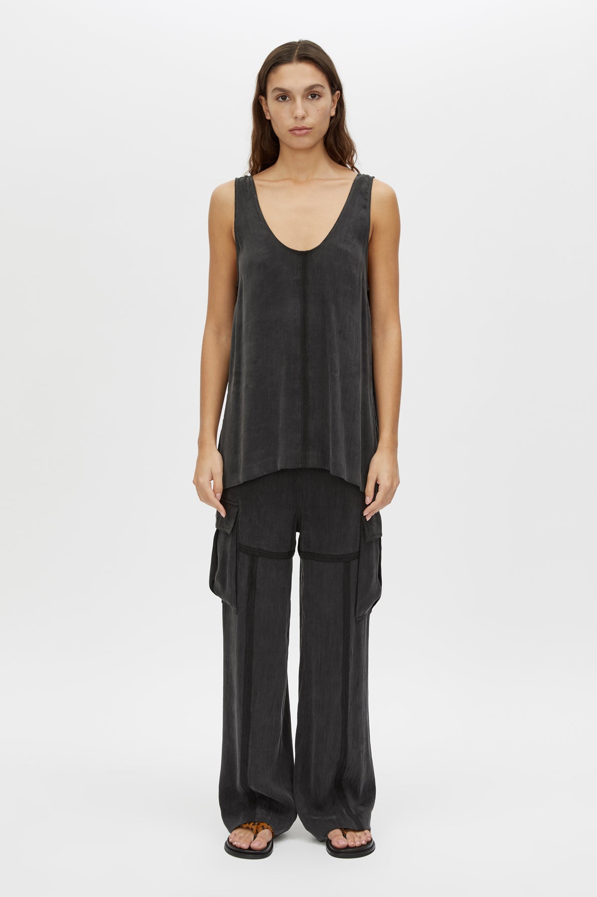 Front view CAMILLA AND MARC Allegro Satin Pant in Washed Black styled with the Allegro Satin Tank.