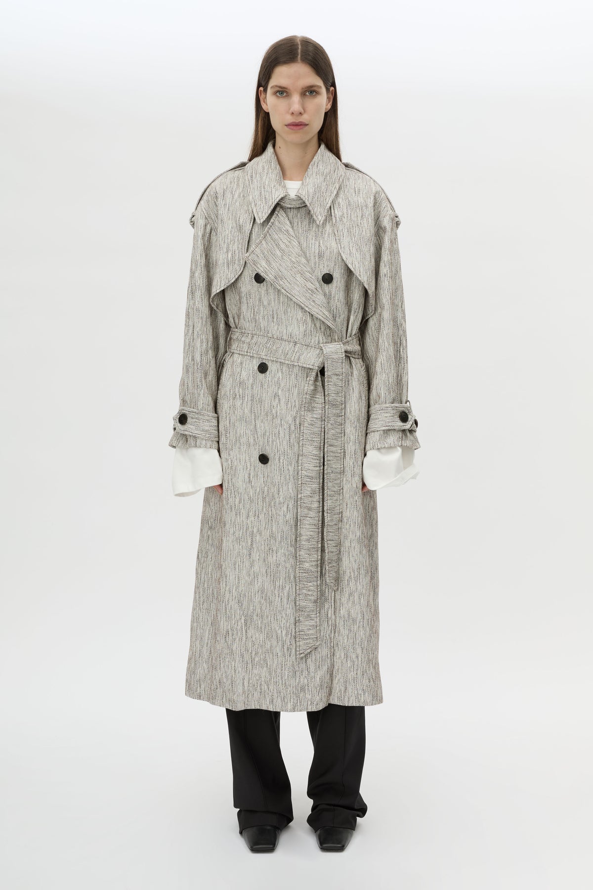 Front styled view CAMILLA AND MARC Maxine Trench Coat in Salt and Pepper with double‑breasted tailored silhouette.