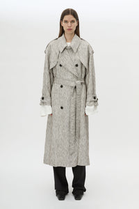 Front styled view CAMILLA AND MARC Maxine Trench Coat in Salt and Pepper with double‑breasted tailored silhouette.