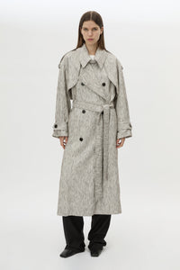 Front view CAMILLA AND MARC Maxine Trench Coat in Salt and Pepper with double‑breasted tailored silhouette.