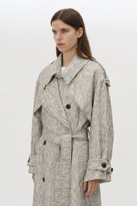 Cropped view CAMILLA AND MARC Maxine Trench Coat in Salt and Pepper with double‑breasted tailored silhouette.
