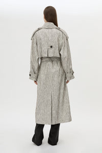 Back view CAMILLA AND MARC Maxine Trench Coat in Salt and Pepper with double‑breasted tailored silhouette.