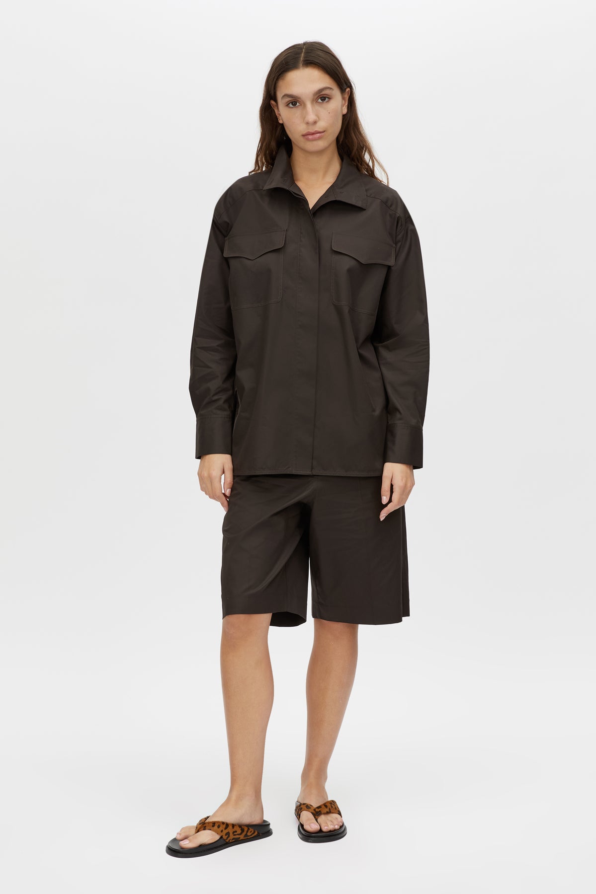 Java Shirt - CAMILLA AND MARC Java funnel neck button-up long-sleeve shirt in espresso brown