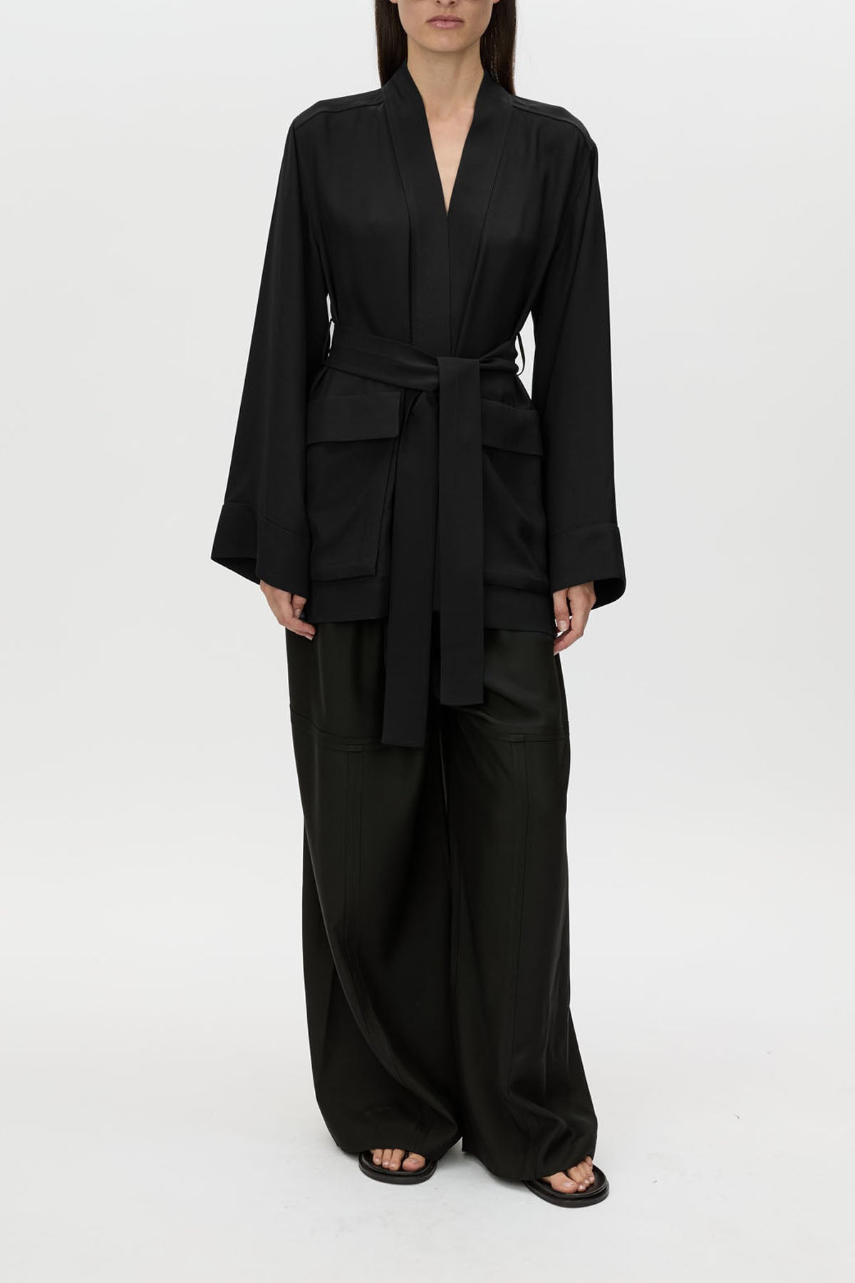 Lazaro Soft Jacket - CAMILLA AND MARC Lazaro soft kimono black jacket with detachable quilted waist tie and patch pockets