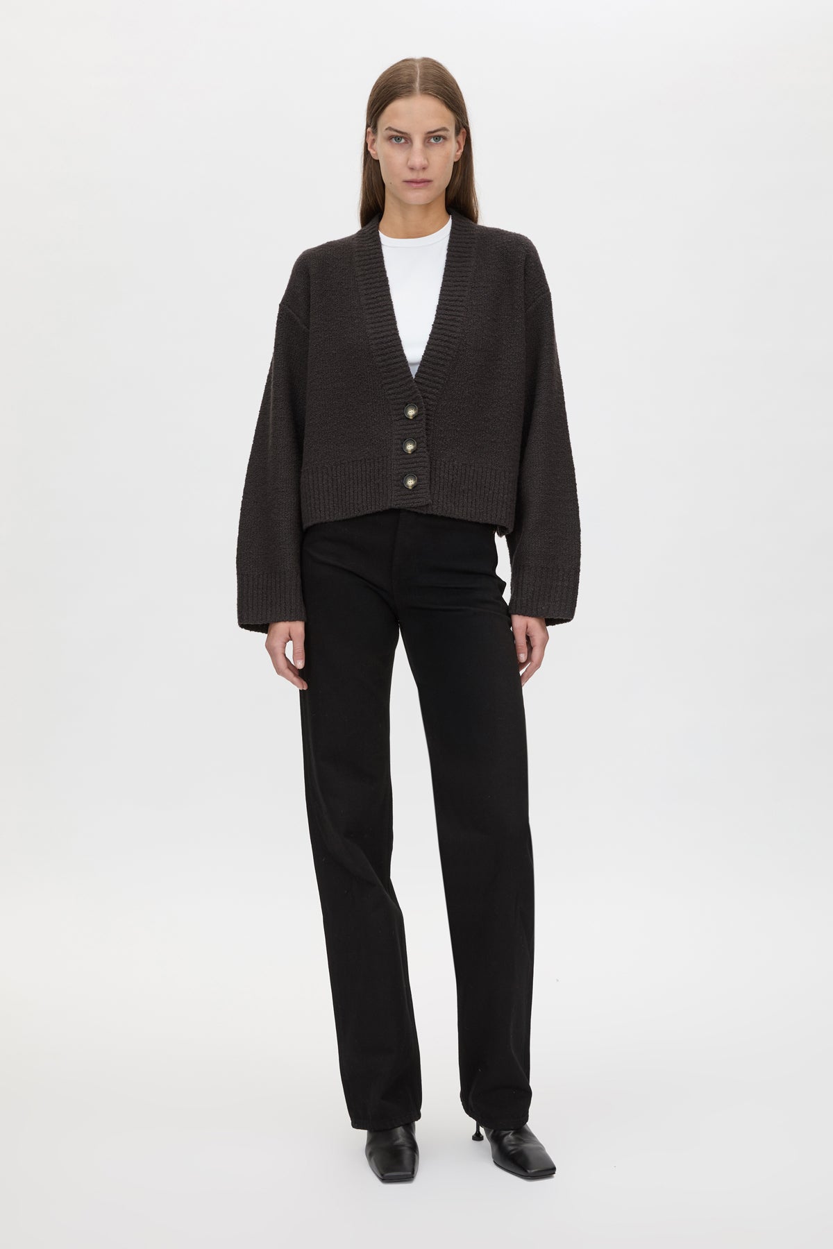 Front view CAMILLA AND MARC Atlas Knit Cardigan in Slate Grey with relaxed cropped silhouette.