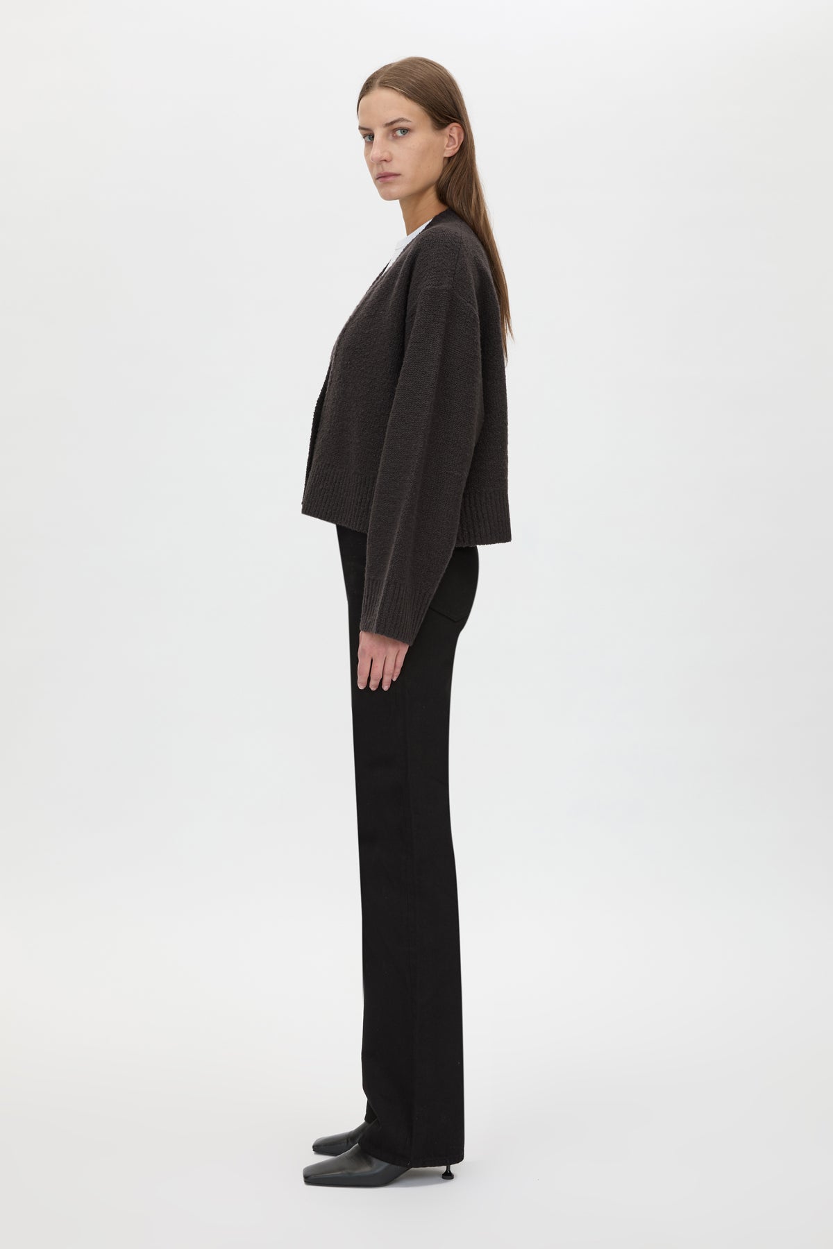 Side view CAMILLA AND MARC Atlas Knit Cardigan in Slate Grey with relaxed cropped silhouette.