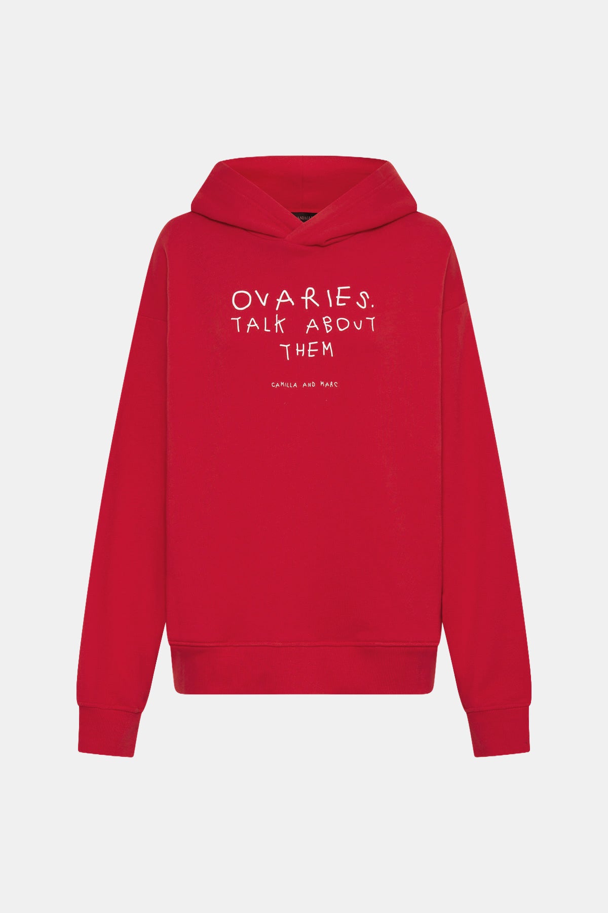 Ghost View - CAMILLA AND MARC 'Ovaries. Talk About Them.' Cotton Unisex Hoodie in Poppy Red.