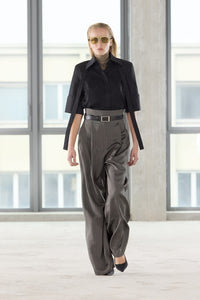 Runway view CAMILLA AND MARC Mina Pant in Steel Grey Stripe with a high‑waisted wide‑leg silhouette and corseted waist.