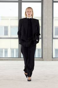 Front Runway View CAMILLA AND MARC Zaman Crop Blazer, single breasted black blazer with fringe detail.