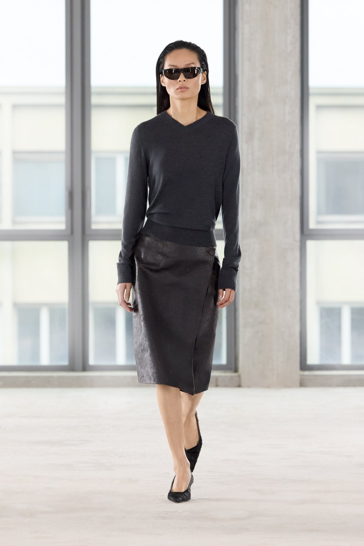 Runway view CAMILLA AND MARC Dawn Leather Skirt in Black Brown styled with the Leona V Neck Sweater.
