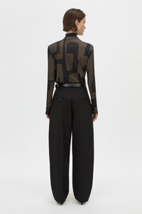 Back View - CAMILLA AND MARC Eidra Printed Long Sleeve Bodysuit in khaki green with high neckline.