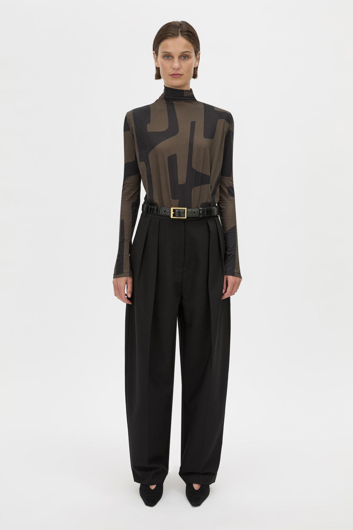 Front View - CAMILLA AND MARC Eidra Printed Long Sleeve Bodysuit in khaki green with high neckline. 