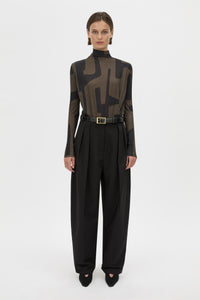 Front View - CAMILLA AND MARC Eidra Printed Long Sleeve Bodysuit in khaki green with high neckline. 
