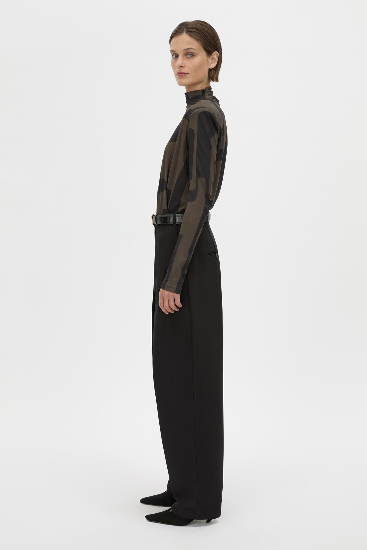 Side View - CAMILLA AND MARC Eidra Printed Long Sleeve Bodysuit in khaki green with high neckline. 