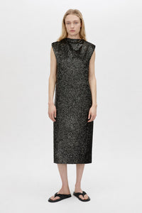 Front view CAMILLA AND MARC Sabel Maxi Dress in Black with sequin finish styled with no fringing.