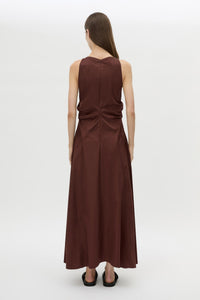 Back view CAMILLA AND MARC Brera midi dress in chocolate with topstitch details and side pockets.