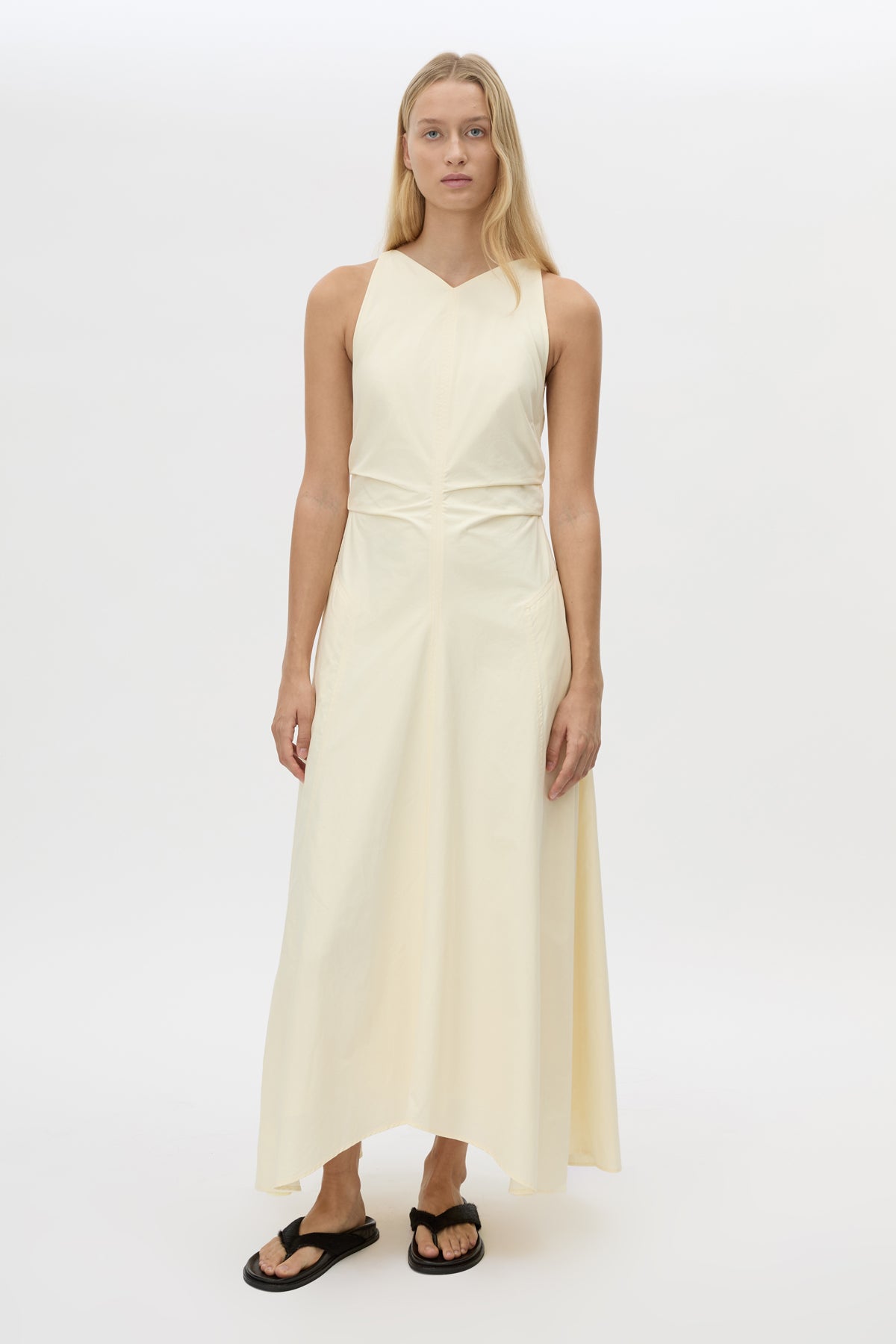Front view CAMILLA AND MARC Brera midi dress in pale yellow with topstitch details and side pockets.
