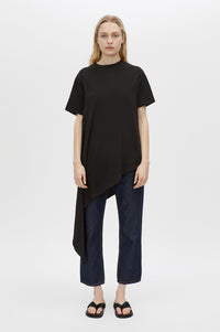 Front view CAMILLA AND MARC Clarity draped oversized asymmetric tee in black with raw hemline and internal french seams.