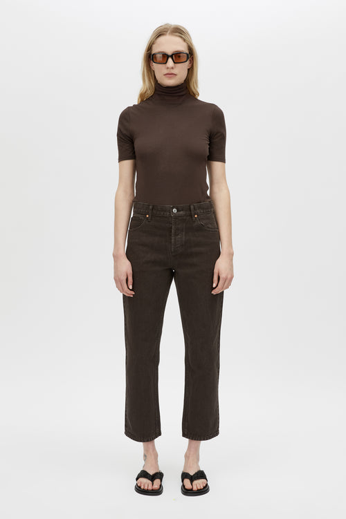 Front view CAMILLA AND MARC Dakota Elbow Sleeve Top in espresso with turtleneck.