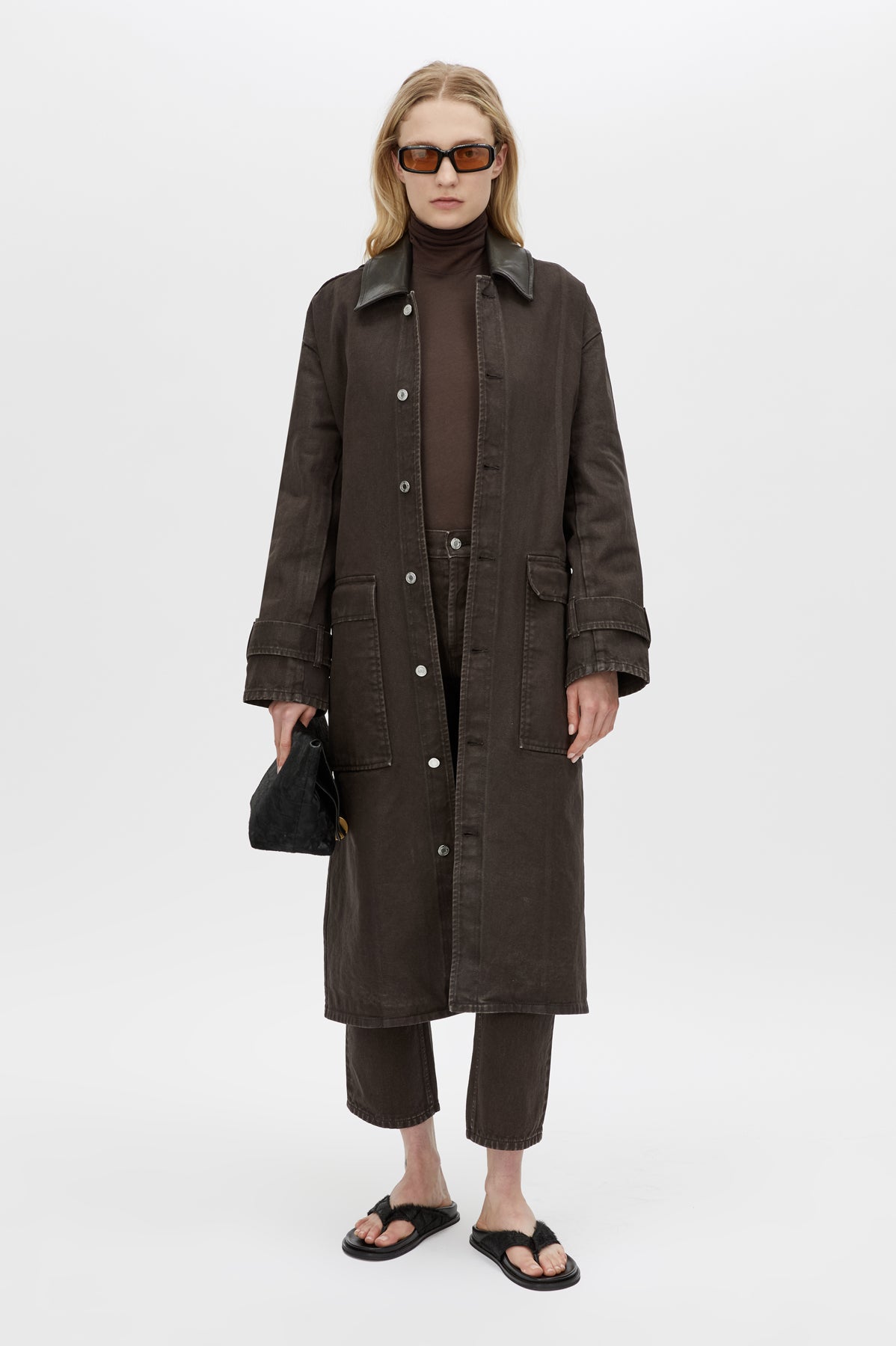 Enzo Denim Coat - CAMILLA AND MARC Enzo oversized brown denim coat with contrast leather collar
