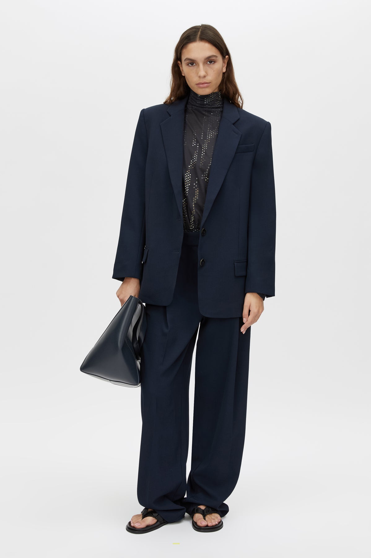 Front view CAMILLA AND MARC Lena Blazer in Navy with an oversized tailored silhouette and contrast felt undercollar.
