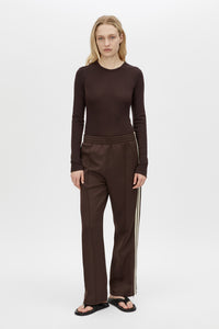 Front view CAMILLA AND MARC Locus Scuba Pant in Espresso with a mid‑rise fit and side‑stripe tape.