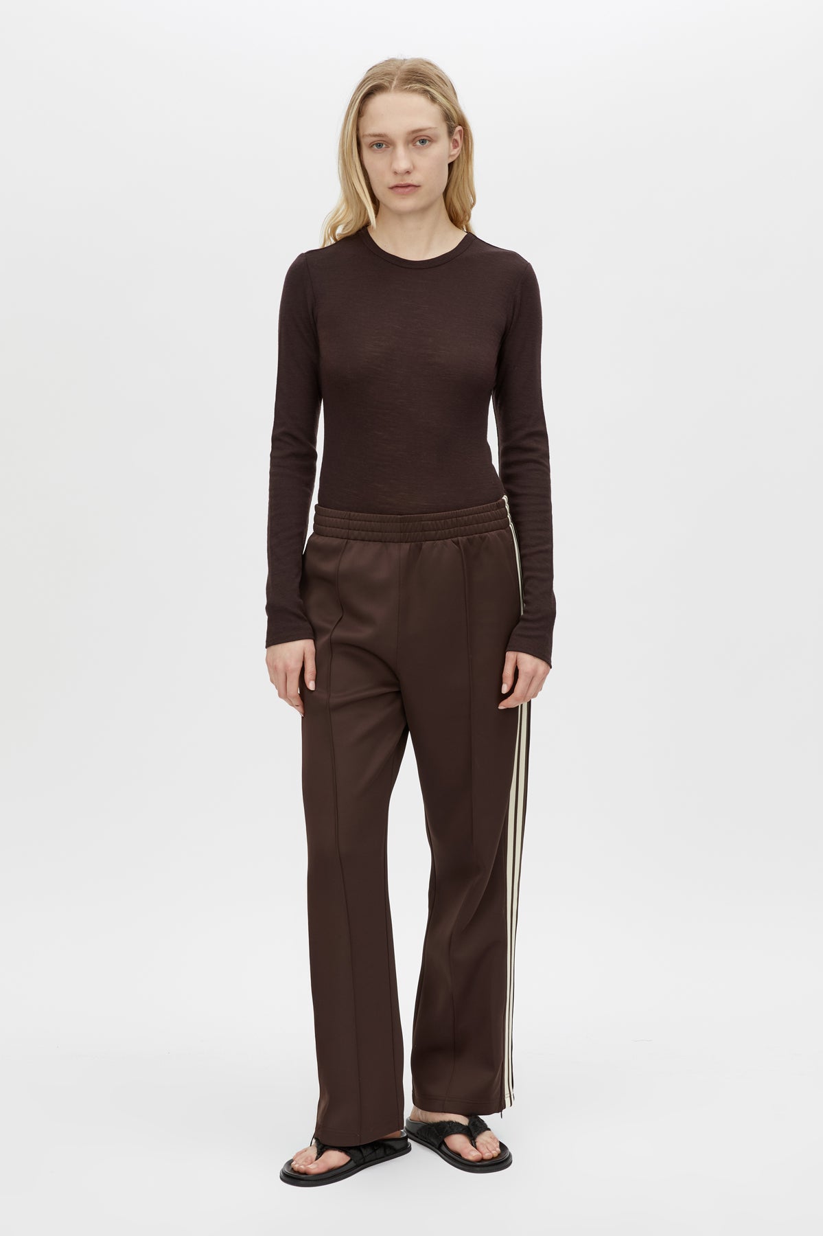 Front view CAMILLA AND MARC Locus Scuba Pant in Espresso with a mid‑rise fit and side‑stripe tape.