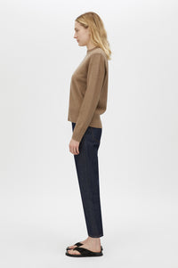 Side view CAMILLA AND MARC Malo Sweater in Fawn with cropped relaxed silhouette and long sleeves.