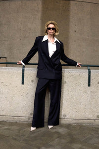 Front styled view CAMILLA AND MARC Orban Oversized Blazer in Navy pinstripe pictured on Susie Baton.