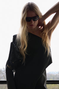 Close up styled view CAMILLA AND MARC Ciran Asymmetric Maxi Dress in Black.
