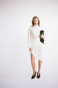 Styled view CAMILLA AND MARC Zemira Long Sleeve Lace Top in Cream with sheer lace and high neckband.