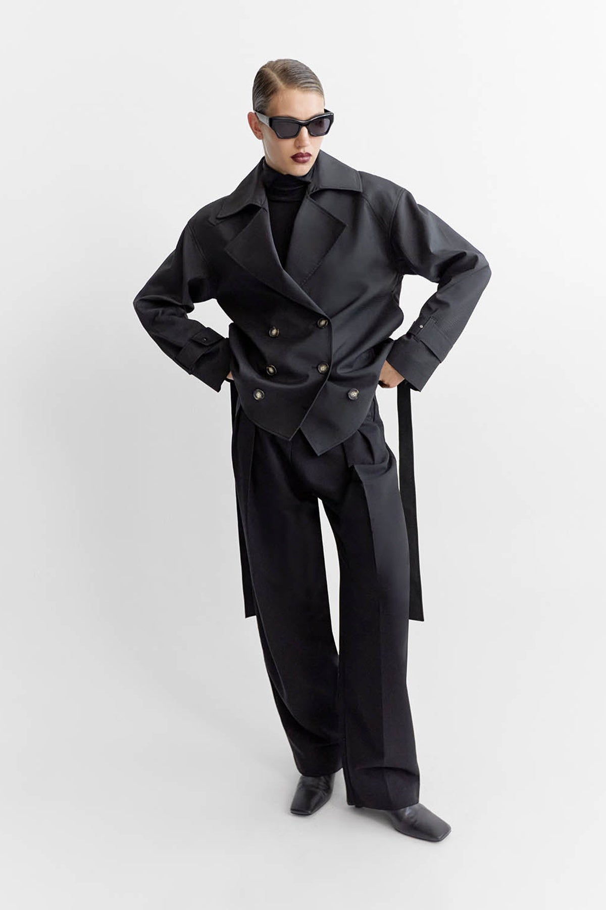 Campaign View - CAMILLA AND MARC Malia Belted Jacket in black with exaggerated collar and lapel.