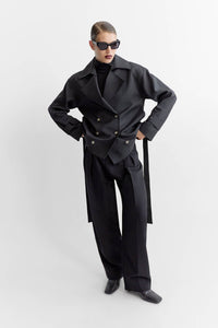 Campaign View - CAMILLA AND MARC Malia Belted Jacket in black with exaggerated collar and lapel.