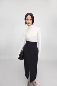 Styled view CAMILLA AND MARC Caius High Corset Waist Midi Skirt in Black with structured waist.