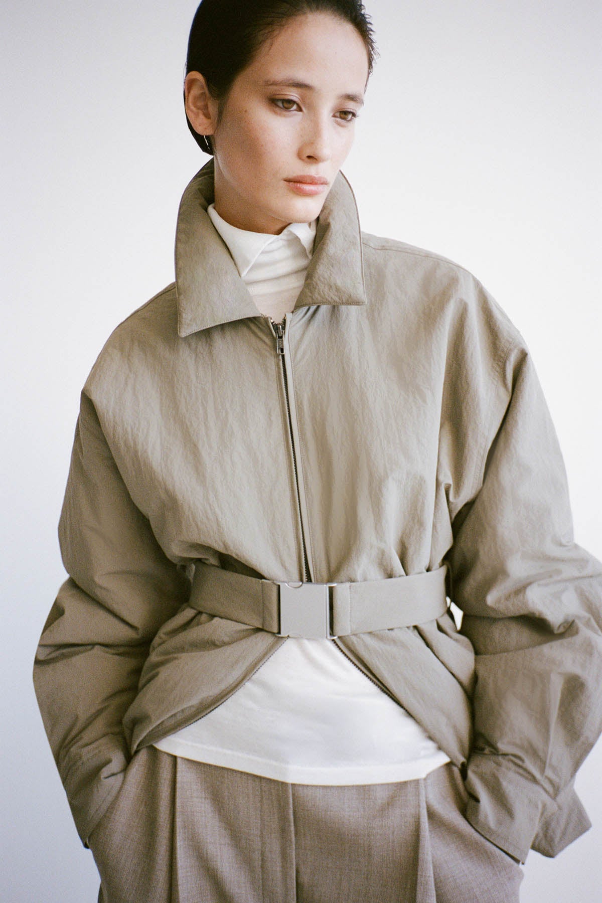 Campaign - CAMILLA AND MARC Manon Padded Belted Jacket in clay with hammered textured fabrication. 