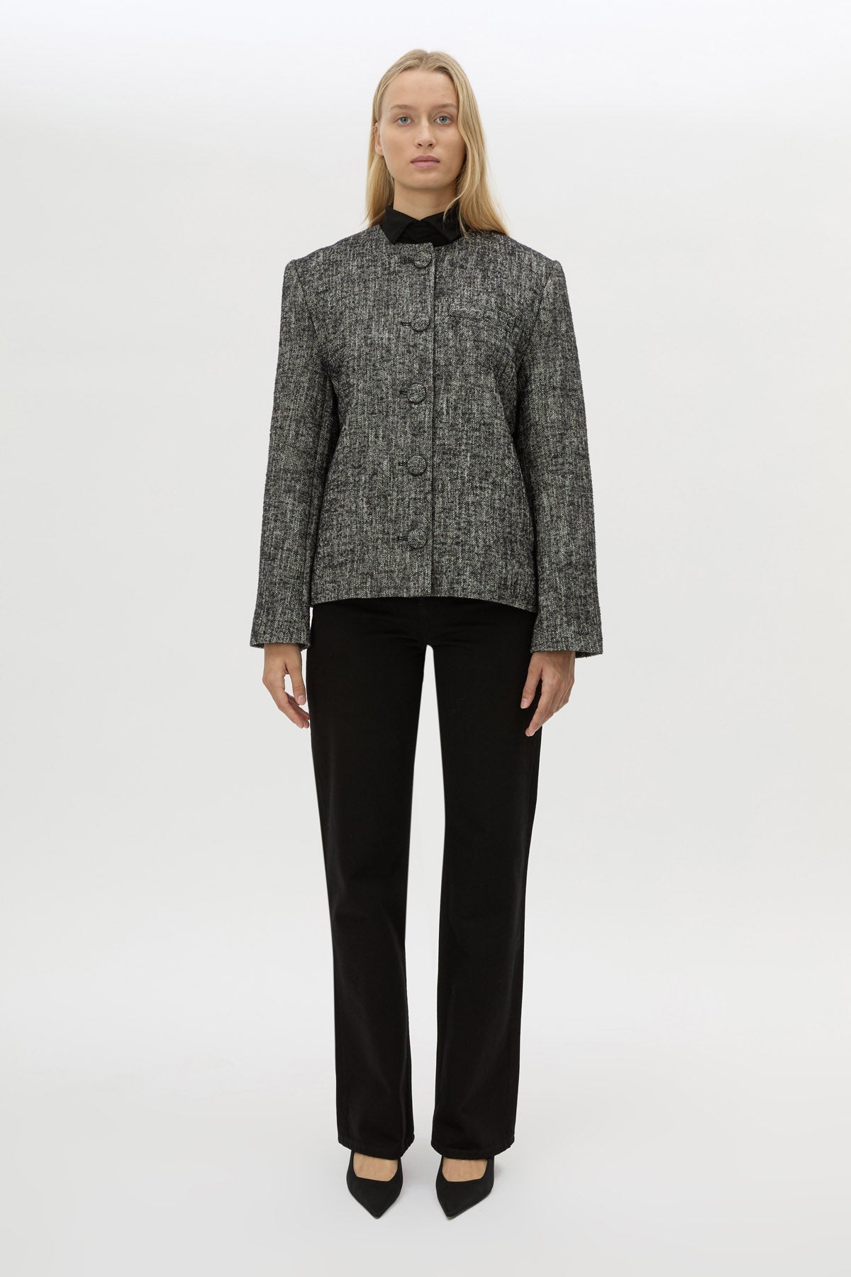 Front styled View CAMILLA AND MARC Xander Jacket in charcoal marle with oversized collarless crew neck.